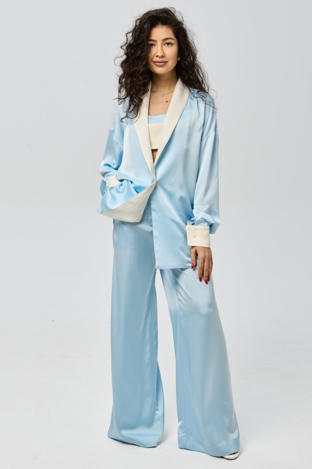 Silk-Effect Relaxed Blazer — Pale Sky