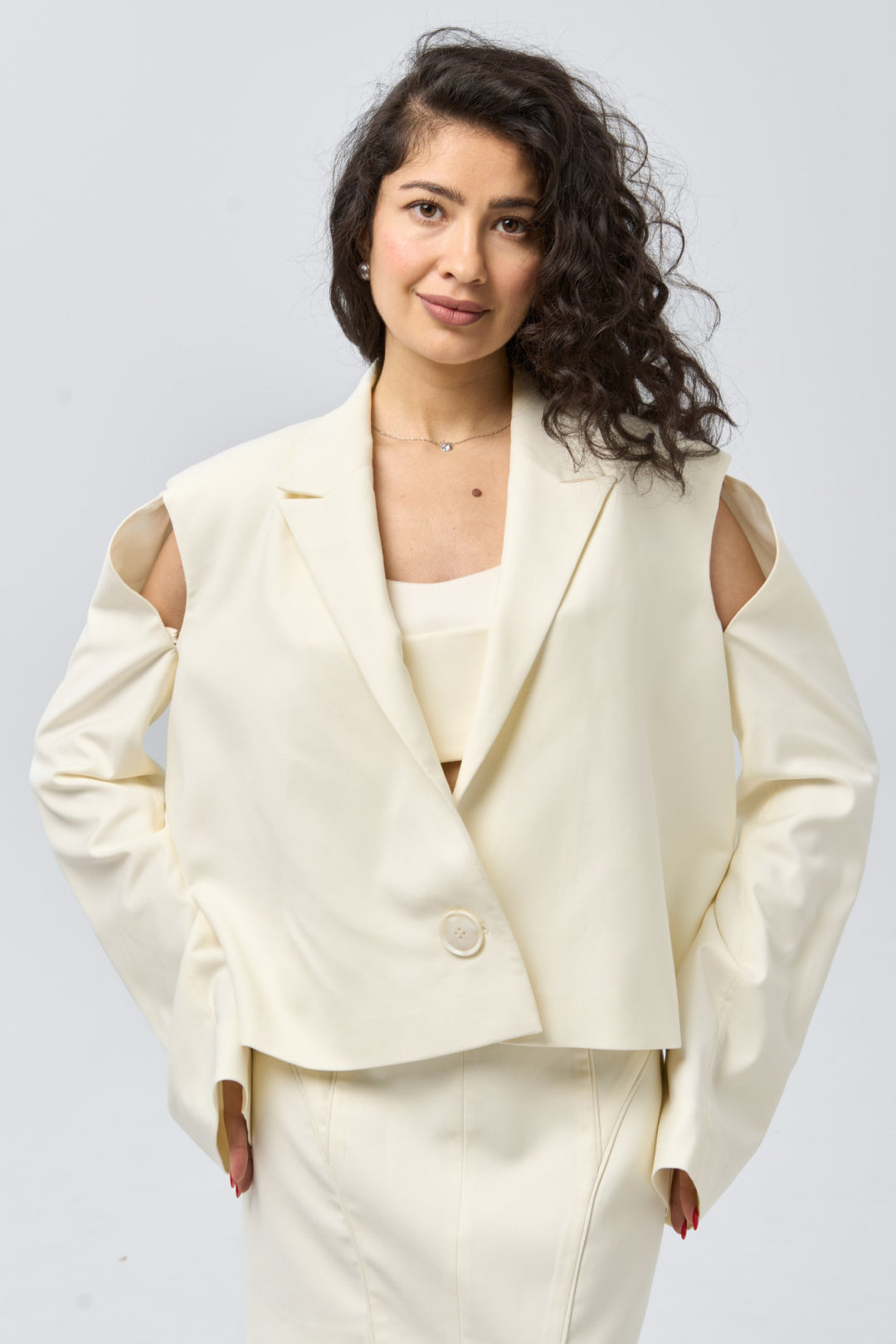 Cropped Blazer with Shoulder Cut-Out — Ivory Veil